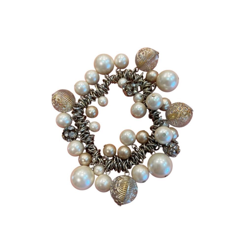 Women's Faux Pearl Textured and Rhinestone Charm Stretch Bracelet Gold White OS